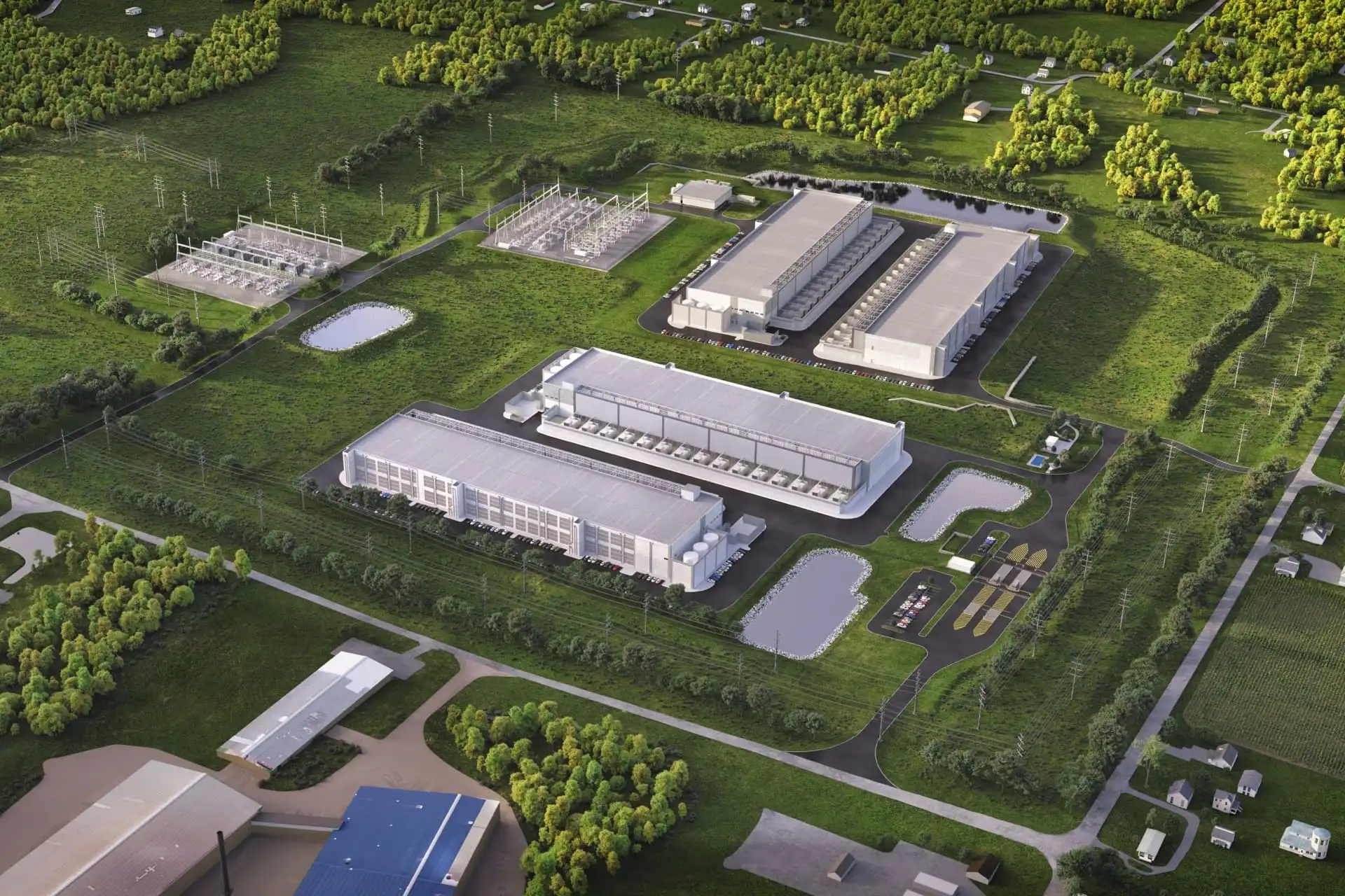 Aerial rendering of the proposed Corscale campus outside Canton: four long server and data halls in two parallel pairs, set around access roads and parking, an electrical switchyard and substation along the western edge, a water treatment and cooling compound to the east, retention basins, and the surrounding farmland, woodland and existing industrial buildings.